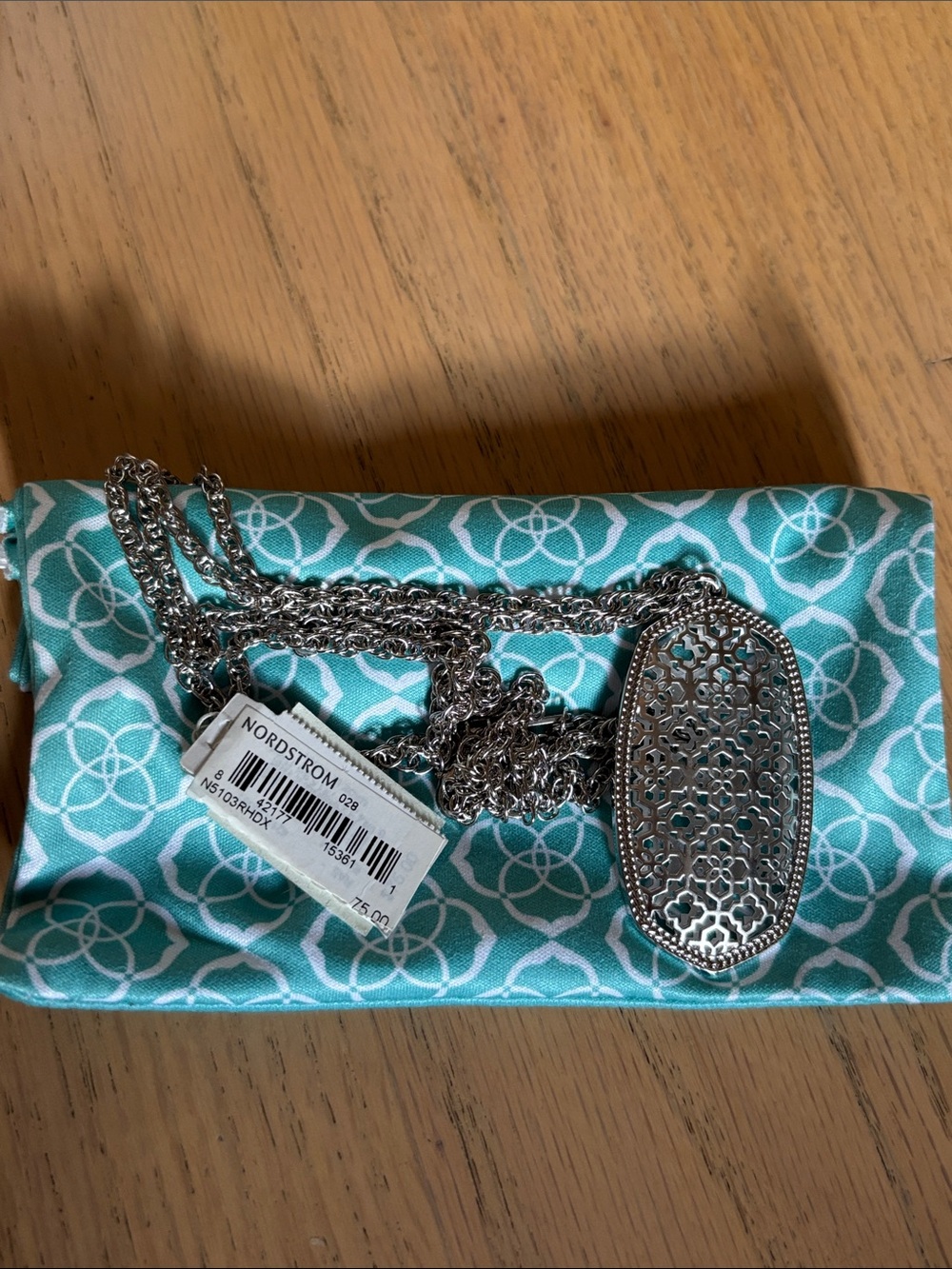 Kendra Scott Silver Filigree Pendant Necklace with Turquoise Pouch